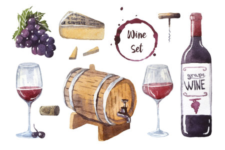 Watercolor set with a bottle of red wine and a two glasses and round wine stains. A branch of ripe grapes, cheese for tasting, corkscrew, wine cork and wine barrelの写真素材
