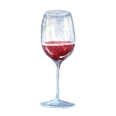 a glass of red grape wine, watercolor hand drawn illustration isolated on white backgroundの写真素材