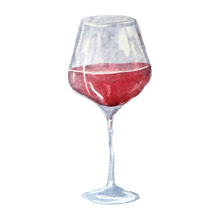 a glass of red grape wine, watercolor hand drawn illustration isolated on white backgroundの写真素材