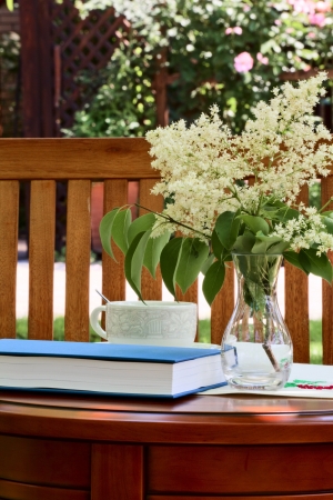 On the table in the garden a book, a cup for tea and a vase with flowersの写真素材
