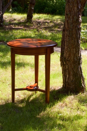 Round tea table in the garden under the treeの写真素材