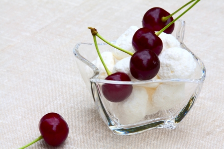 Beautiful summer breakfast - cherries, sweetsの写真素材