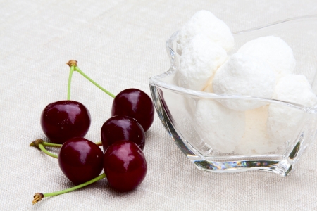 Beautiful summer breakfast - cherries, sweetsの写真素材
