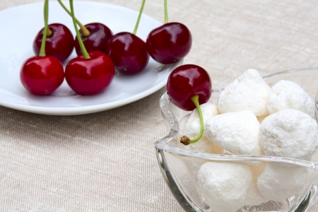 Beautiful summer breakfast - cherries, sweetsの写真素材