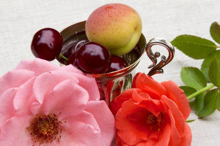 Beautiful summer breakfast - cherries, apricots,の写真素材