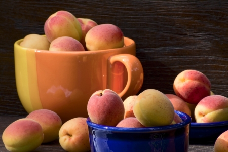 Beautiful ripe apricots in ceramic bowls on a wooden backgroundの写真素材