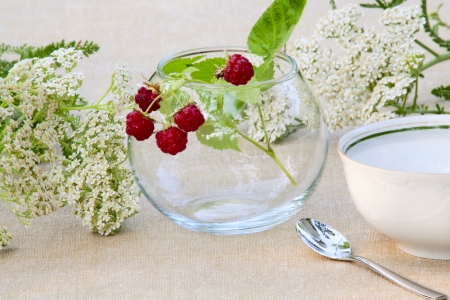 Bunch of raspberries in a glass bowl, wild flowers and tea cupの写真素材