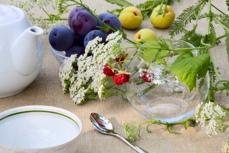 Bunch of raspberries in a glass bowl, plums, apricots, a cup of tea, teapot and wildflowersの写真素材
