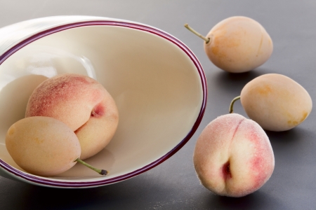 Ripe goldish velvety peaches and yellow plumsの写真素材