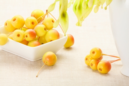 Wild apples in a ceramic bowl near with a vaseの写真素材