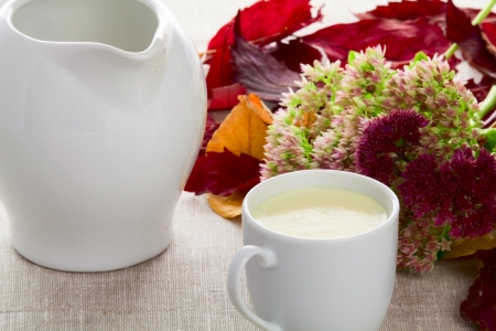 A cup of milk milk jug autumn leaves and flowersの写真素材