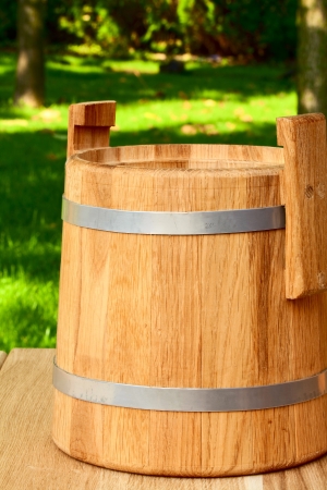 Beautiful wooden keg for home salting vegetablesの写真素材