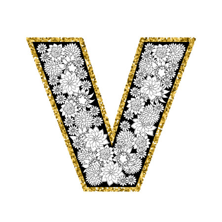 Hand drawn floral alphabet design. Gold glittering contour. Letter V. Vector EPS8 illustration.のイラスト素材