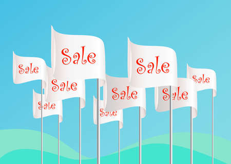 Word SALE on flags. White vector flags on sky background. Vector eps10 illustrationのイラスト素材