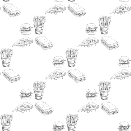 Hand drawn fast food pattern. Burger, pizza, french fries detailed illustrations. Great for restaurant menu or bannerのイラスト素材