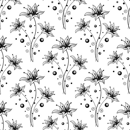 Beautiful seamless background with monochrome black and white flowers. Hand-drawn contour lines and strokes. Vectorのイラスト素材