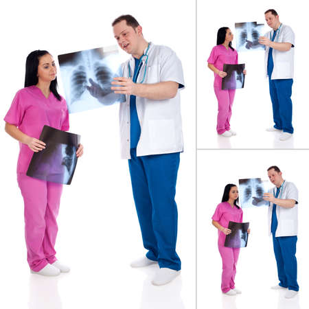 Collage of three images of an young couple of a handsome doctor and a nurse or resident looking at a radiography. Full body image isolated on white background. High resolution in studio, part of healthcare concept seriesの写真素材