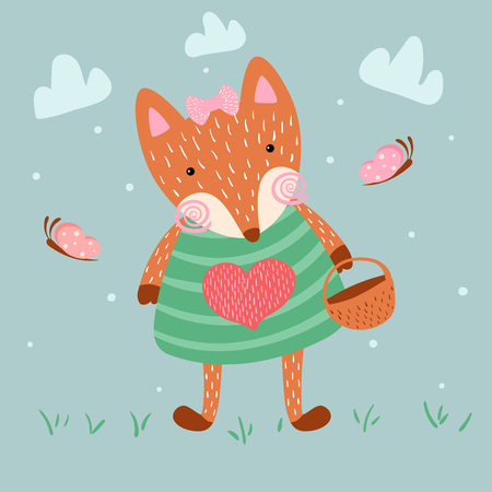 Cute fox illustration. Flower, love and heart. Idea for your t-shirt.のイラスト素材