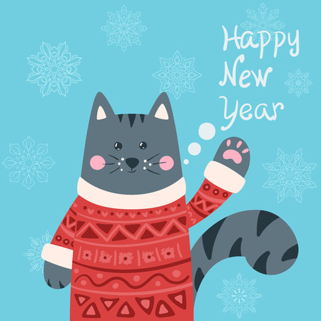 Cute cat characters. Happy new year 2019 illustration. Idea for print t-shirt.のイラスト素材