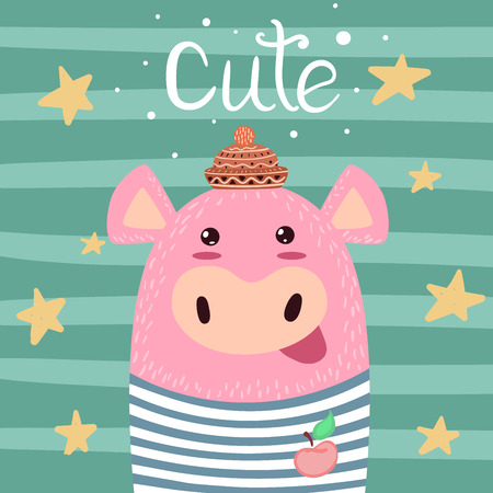 Cute pig, pork illustration. Symbol of the year 2019.のイラスト素材