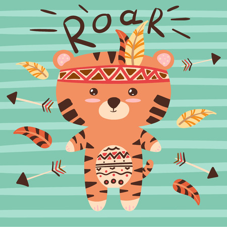 Cute tiger characters. Roar illustration. Idea for print t-shirt.のイラスト素材