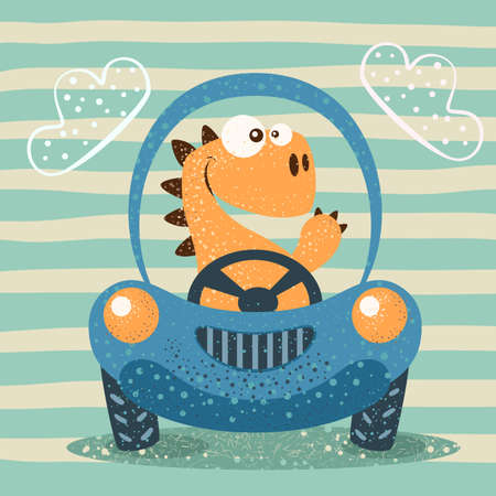 Cute dino drive funny car. Hand Drawのイラスト素材