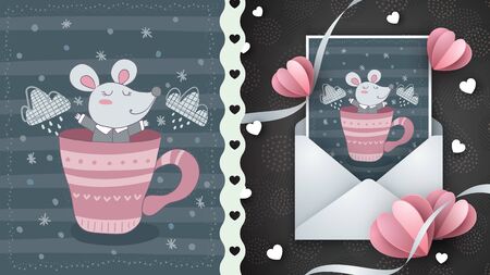Cute mouse in cup - idea for greeting card.のイラスト素材