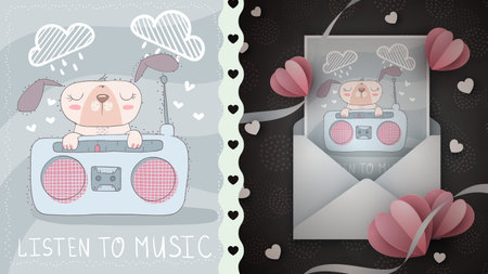 Cute dog listen radio- idea for greeting card. Hand drawのイラスト素材