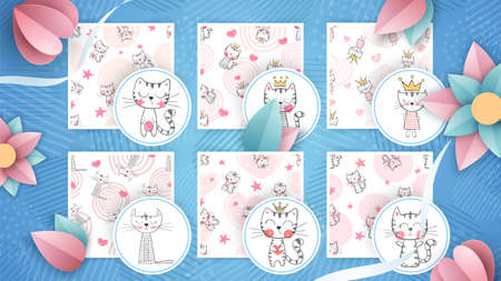 Set seamless pattern - cute cat, kittyのイラスト素材