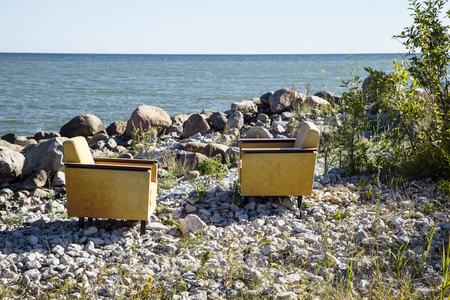 chairs on the seashoreの写真素材