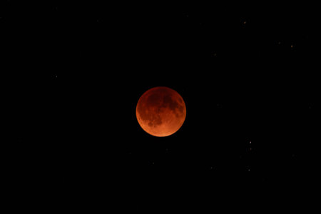A full Moon appears deep red during a total lunar eclipse, suspended against a star-studded black...