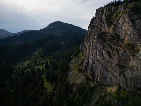 Aerial view of rock cliff above conifer forest valley in mountain rangeの写真素材
