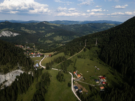 Aerial view of mountain village with cottages, forest and green meadowsの写真素材