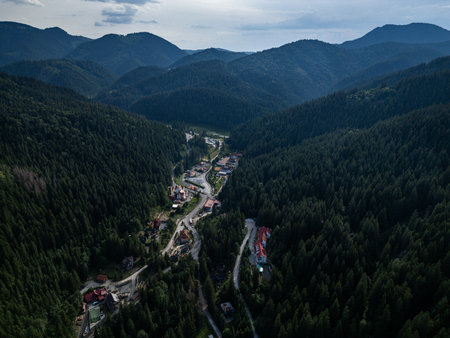 Aerial view of mountain valley village with road and river in conifer forestの写真素材