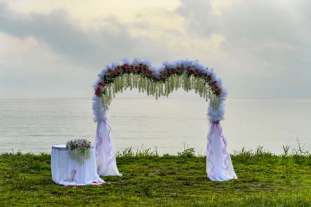 Wedding arch. Preparations for the wedding on the beach.の写真素材