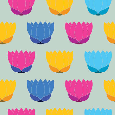 Seamless texture of lotus flower, lotus painted in blue, purple, yellow, red, on gray background, background for printing on fabric, wallpaper, fully editable vector imagesのイラスト素材