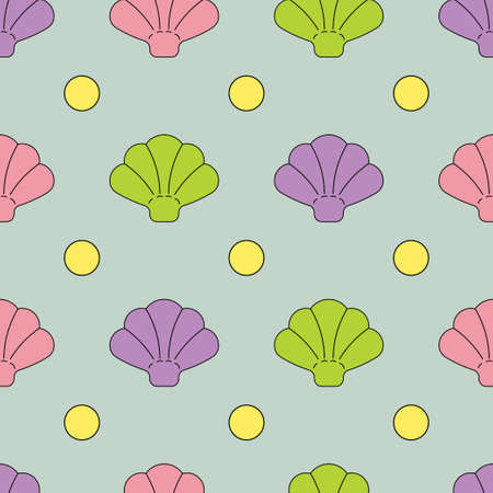 Seamless texture shell, beach, shell painted in blue, purple, yellow on a gray background, background for printing on fabric, wallpaper, fully editable vector imageのイラスト素材