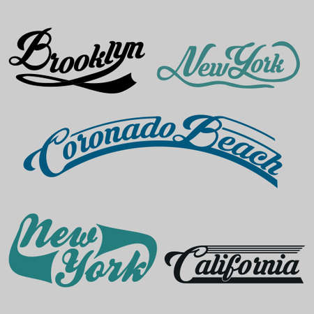 set of labels New York City, California, Brooklyn, sports T-shirt, original design, typography, flat style, vector imageset of labels New York City, California, athletic, sports T-shirt, original design, typography, flat style, vector imageのイラスト素材
