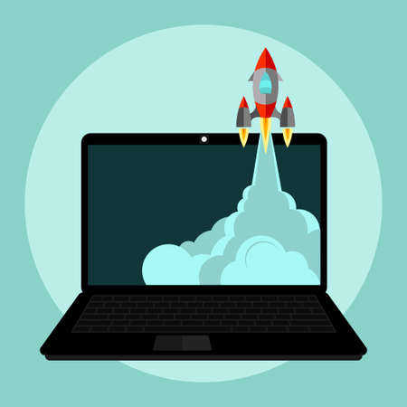Laptop with Rocket Start up concept flat style. Space transportation launch. Business Project development.の写真素材