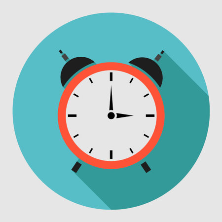 Alarm clock icon with long shadow. Flat design style. Clock silhouette. Simple icon. Modern flat...