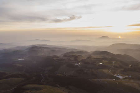 Panoramic view of green mountains. Yolyn Am or Eagle valley at sunset. Aerial view. mountainsの写真素材