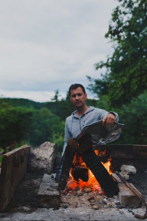 burning wood ready for the grillの写真素材