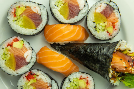 sushi on the white plate. fresh foodの写真素材