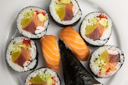 sushi on the white plate. fresh foodの写真素材