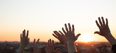 Hands up at the sunset. Freedom, human and nature.の写真素材