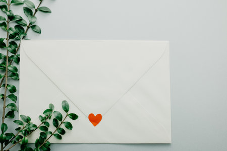 Minimal composition with a white envelope, heart and green leaves. craft for a st valentine. correspondence and newsletterの写真素材