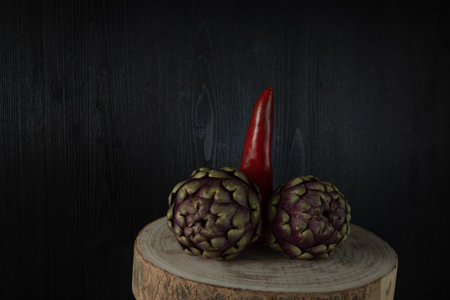 Artichoke end pepper on the wooden table, mens symbolの写真素材