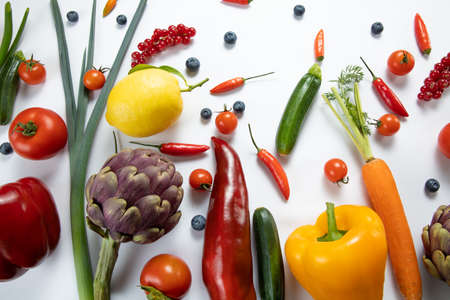 fruit and vegetables on the white background, banner with copy spaceの写真素材