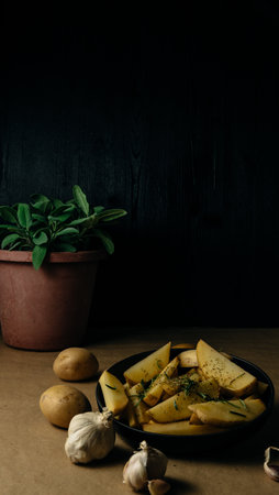 Potato wedges on dark background, cooking process. Process of making a rustic recipe of aromatic baked potatoes. Cheap and easy home cooking.の写真素材