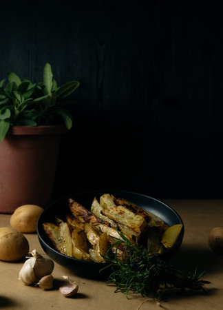 Potato wedges on dark background, cooking process. Process of making a rustic recipe of aromatic...